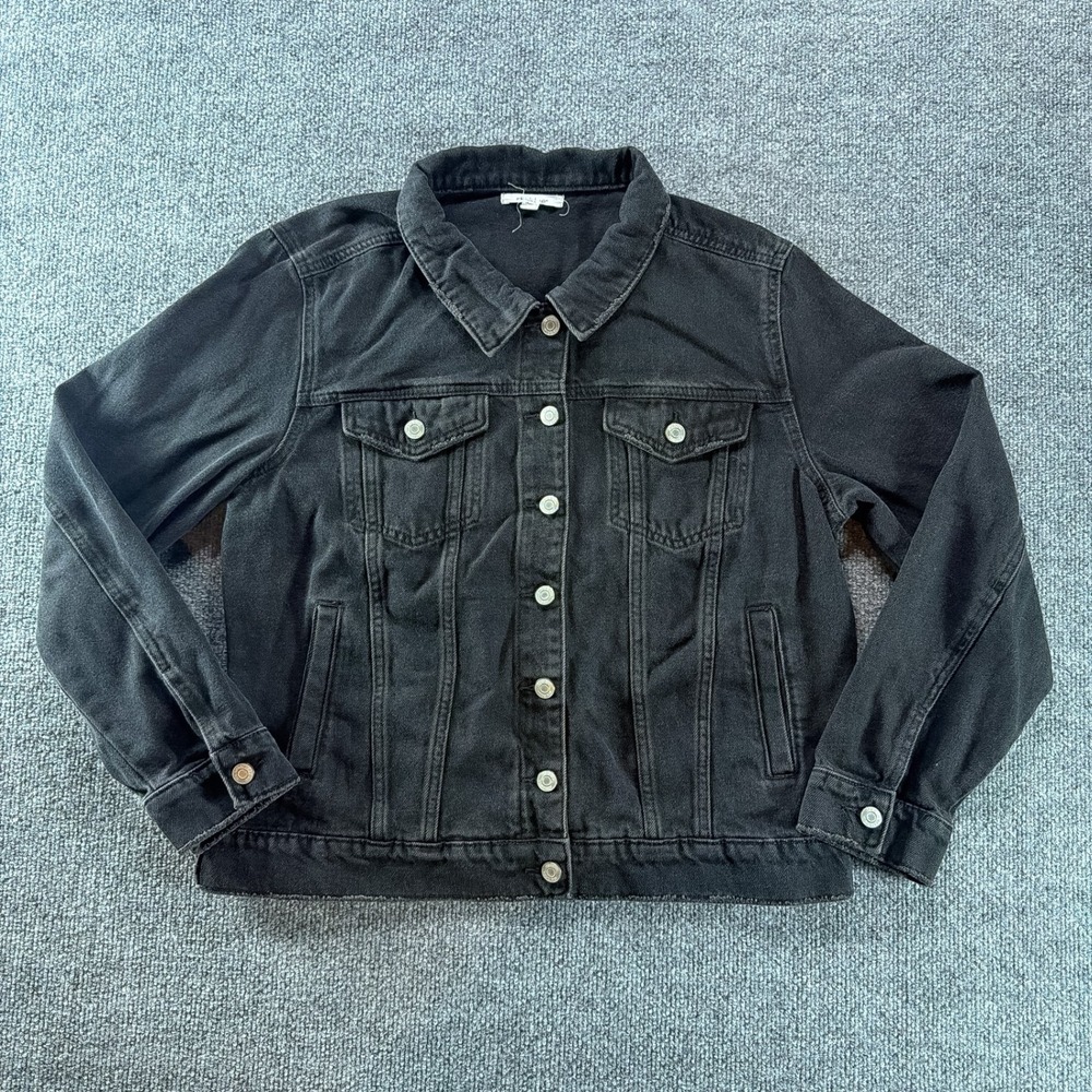 STS Blue Ella Boyfriend Jacket Womens Medium Black Denim Trucker Frayed Hem Coat